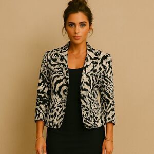 Studio Works Petite L Linen Blend Animal Blazer Jacket Black Tiger Safari Office
